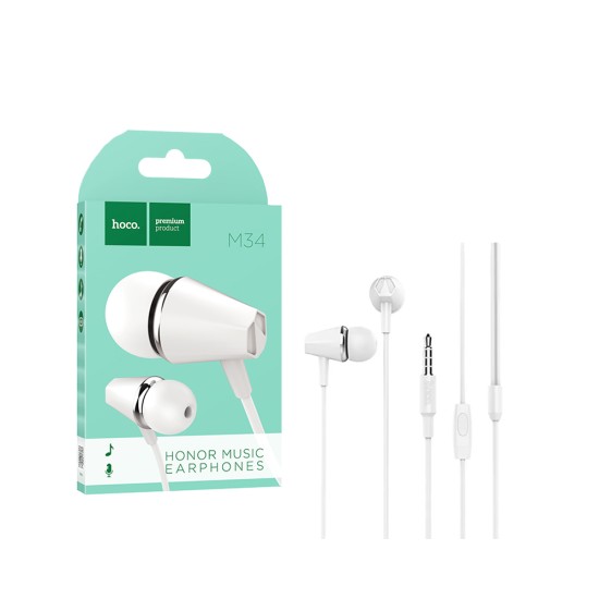Hoco Wired Earphones M34 with Microphone 3.5MM 1.2m White Hoco Wired Earphones M34 with Microphone 3.5MM 1.2m White